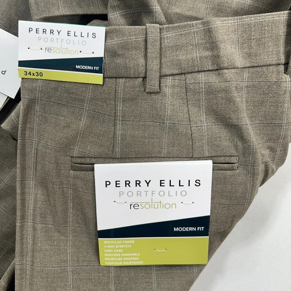 Perry Ellis Dress Pants Mens 34x30 Dark Beige Window‎ Modern-Fit NEW